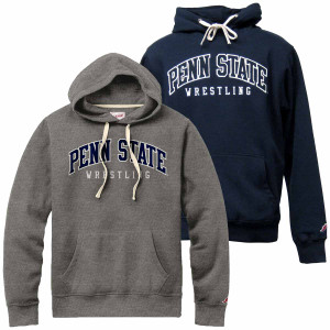 gray and navy hooded sweatshirts with sewn Penn State Wrestling